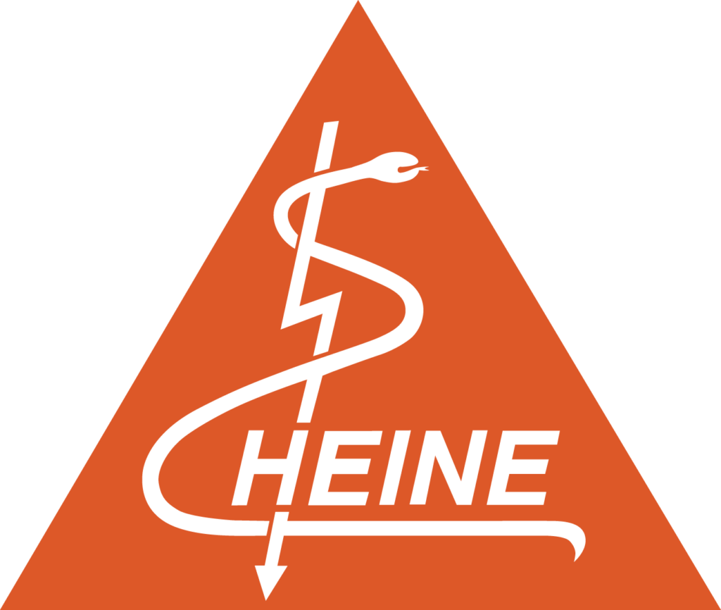 Heine Logo Orange Triangle with whit symbol and text that says Heine